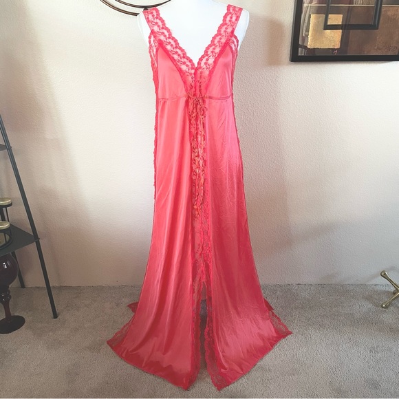 Watermelon Red Sexy Lace Vintage Maxi Nightgown Slip Dress Chemise Lingerie - Picture 1 of 6